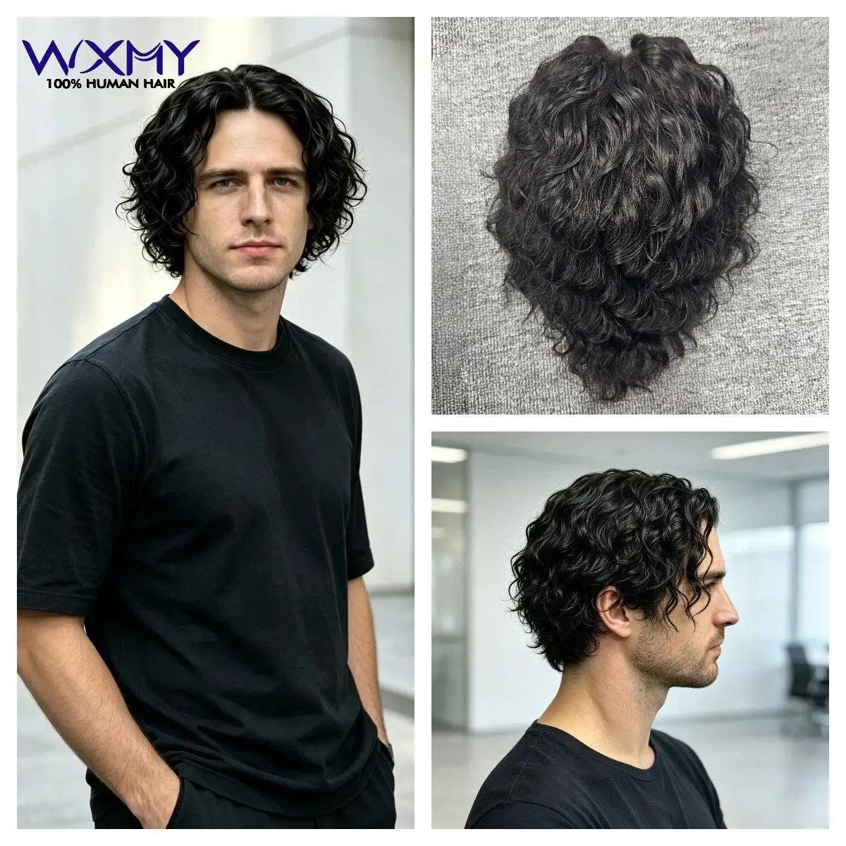 Curly Wig Man Wig Skin Base 25mm Water Curl Male Hair Prosthesis Toupee Men's Hairpiece Human Hair Men's Wigs Replacement System