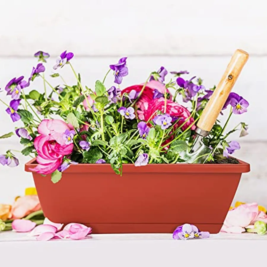 Rectangular plastic planter with saucer for home & garden, weather-resistant, stylish for outdoor use