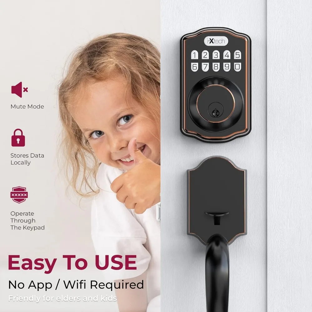 Home Keyless Entry Door Lock Deadbolt with Handle, Fits Standard Right and Left Hand Front Doors, Customizable Button Electroni