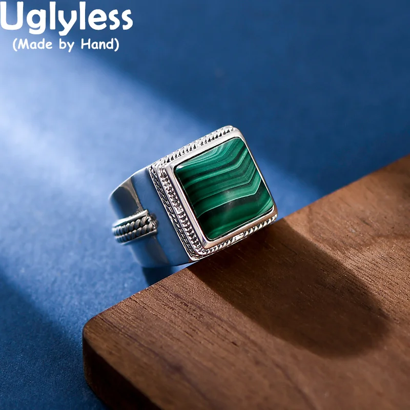 

Uglyless Simple Fashion Cube Square Jewelry Sets Women Hugh Natural Malachite Rings Studs Earrings Pendants NO Chain 925 Silver