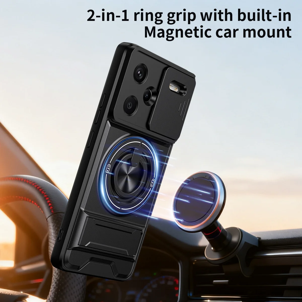 Lens Slide Camera Phone Case for Xiaomi Redmi Note 14 13 12 Pro Plus Note 15 14 5G 4G Magnetic Car Ring Holder Stand Hard Cover
