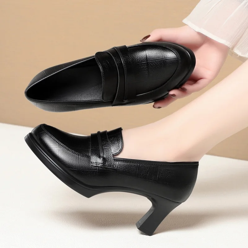 

6.5cm 9cm Elegant Breathable Soft Leather Shoes Woman Pumps Spring 2026 Decent Block High Heels Shoes Black for Office Model