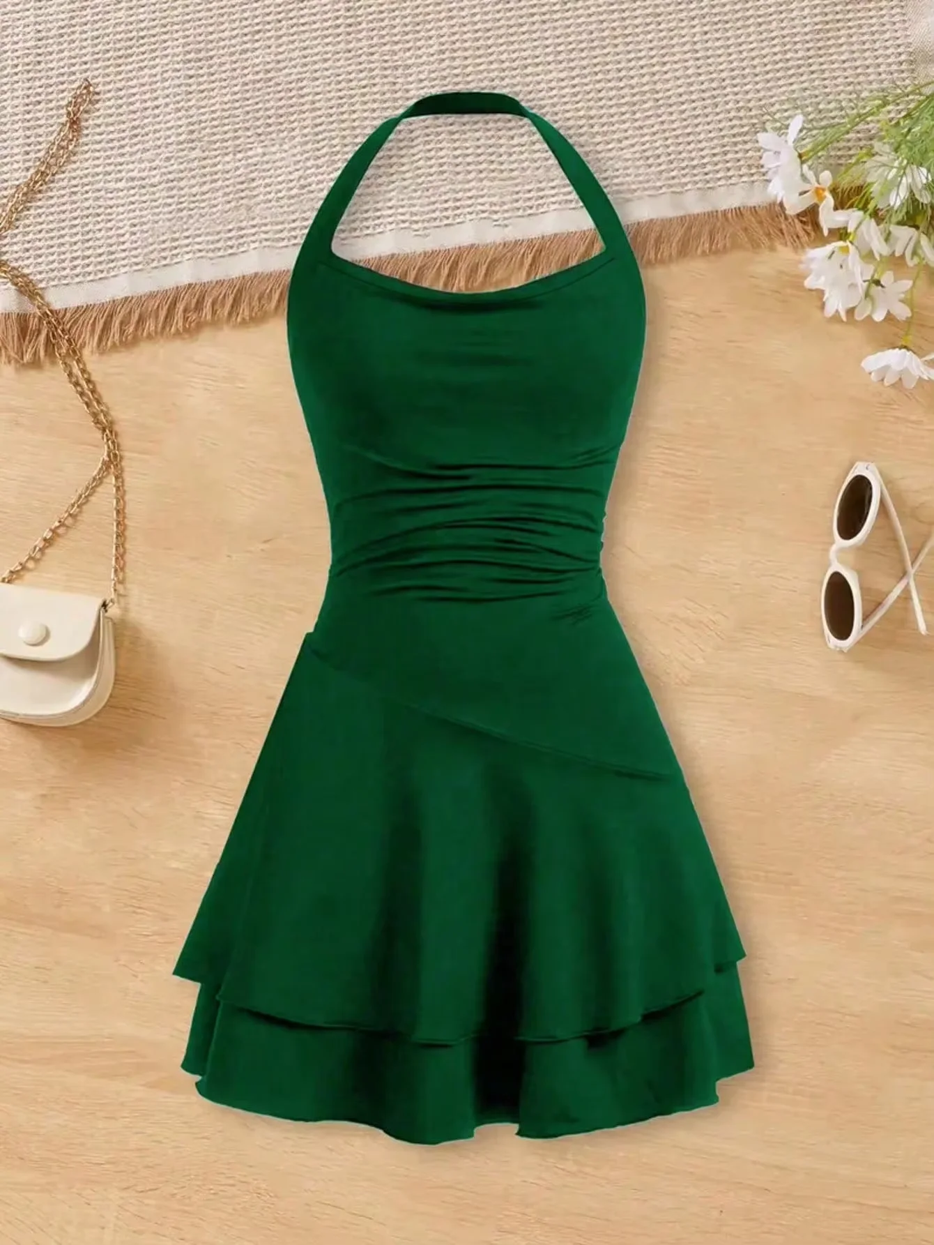 Women Emerald Green Halter Sleeveless Dress Ruched Bodycon Double Layer Ruffle Hem Skater Mini Party Club Soft Summer Trendy Y2K