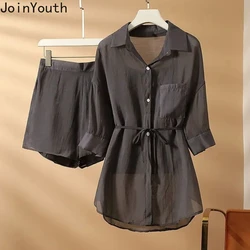 Women Clothing Summer Casual 3 Piece Sets Slim Waist Shirts Tunic Sling Vest Casual Wide Leg Pants Outfits Fashion Thin Suit