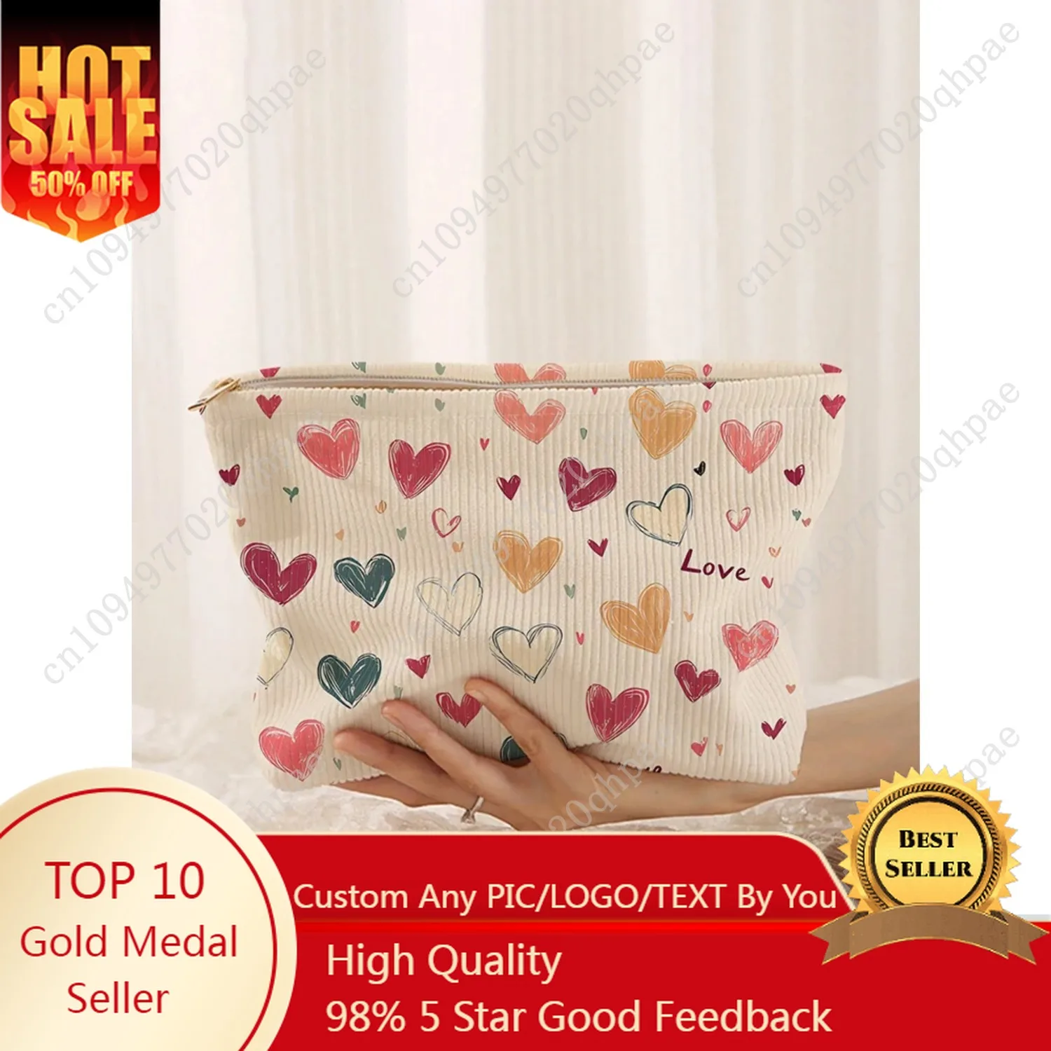 

1pc，Portable cosmetics storage bag with colorful heart pattern double-sided printed travel zipper makeup bag