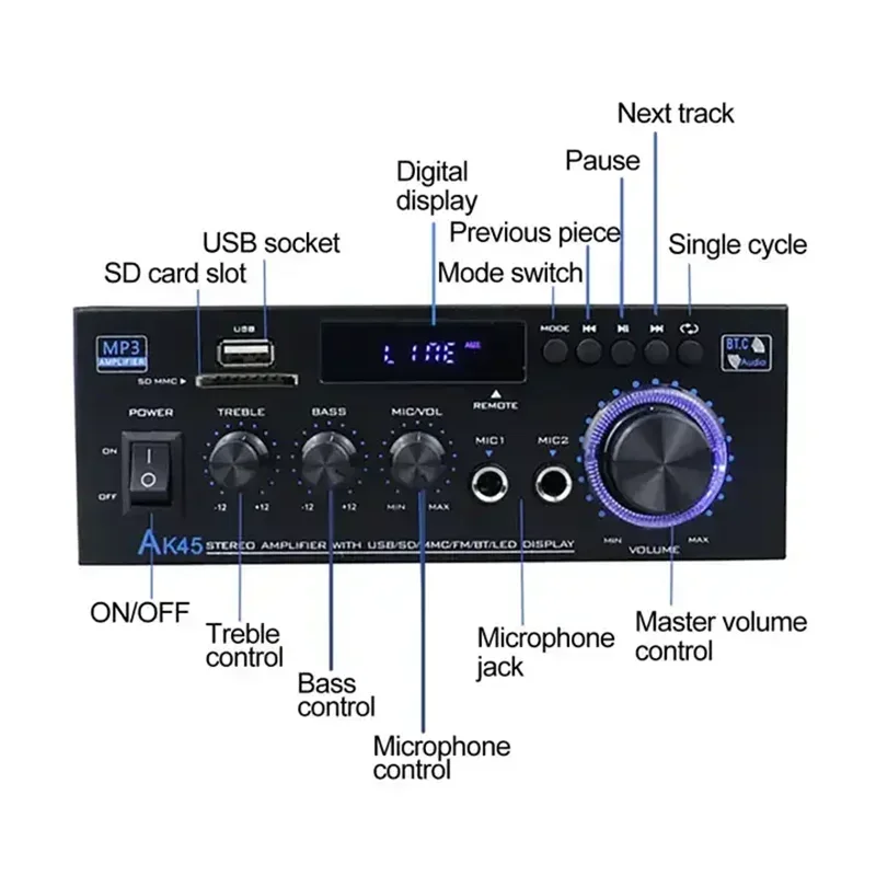 AK45-amplificadores digitales para el hogar, altavoz de Audio de graves, Hifi, FM, música, Subwoofer, USB, SD, entrada de micrófono, potencia de 2,0 canales, amplificador BT, 80W