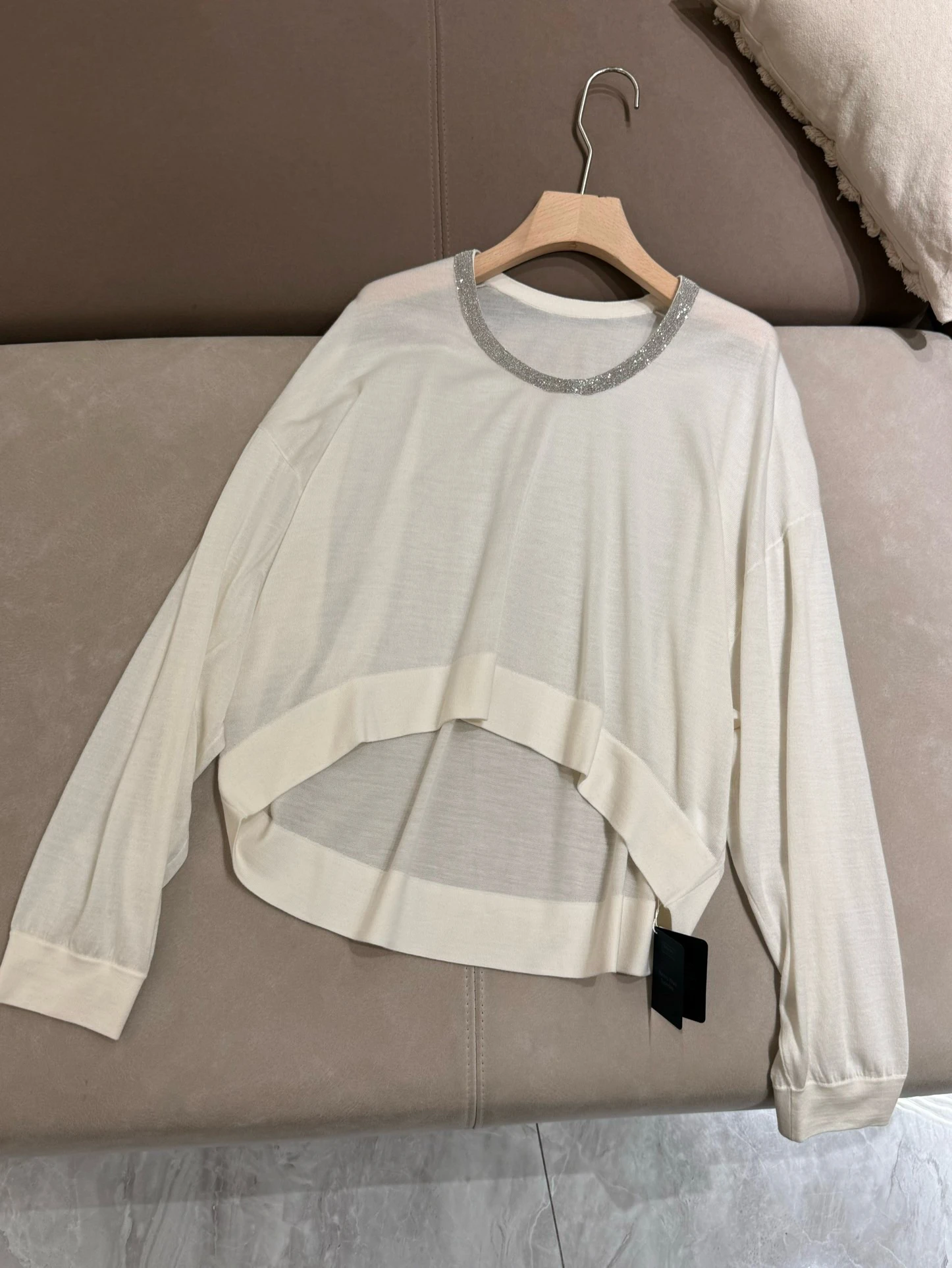 Autumn 2024 B*C Women\'s Beaded O-Neck Knit Sweater Casual Loose Long Sleeve Silk Wool Thin Soft Tops