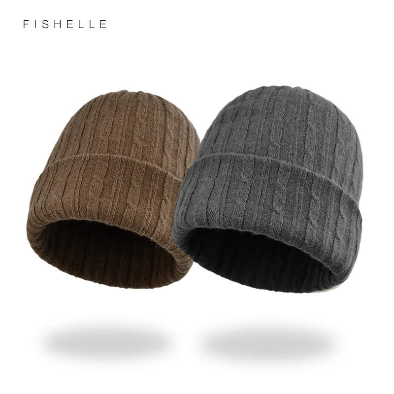 

Fine twisted double layer pure wool hat Women's warm knitting 100 wool cap autumn winter girl boy Beanie luxury gift