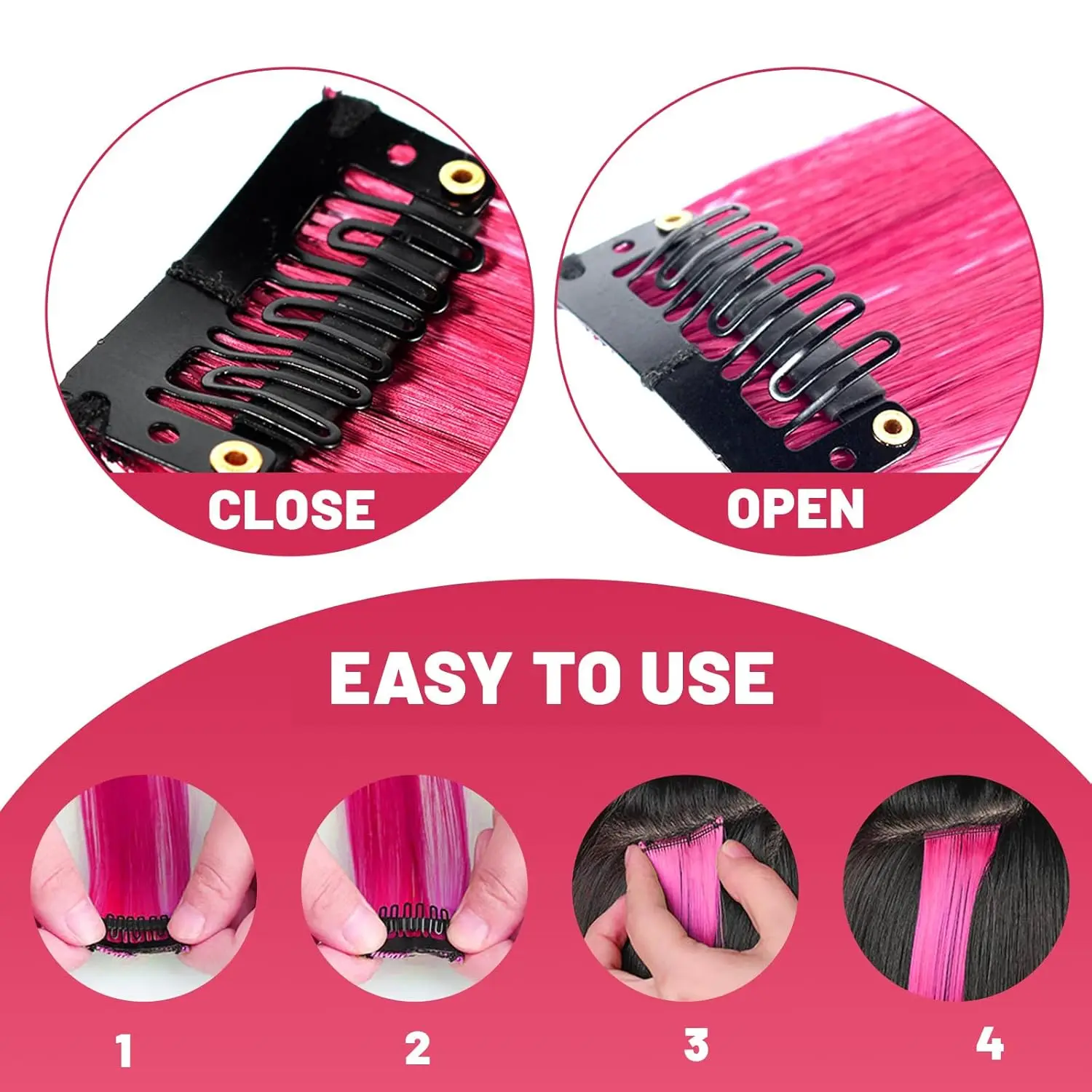 6 قطع من وصلات الشعر باللون الأحمر الوردي، وصلات ملونة للحفلات للأطفال والبنات قطعة شعر صناعية مستقيمة 22 بوصة