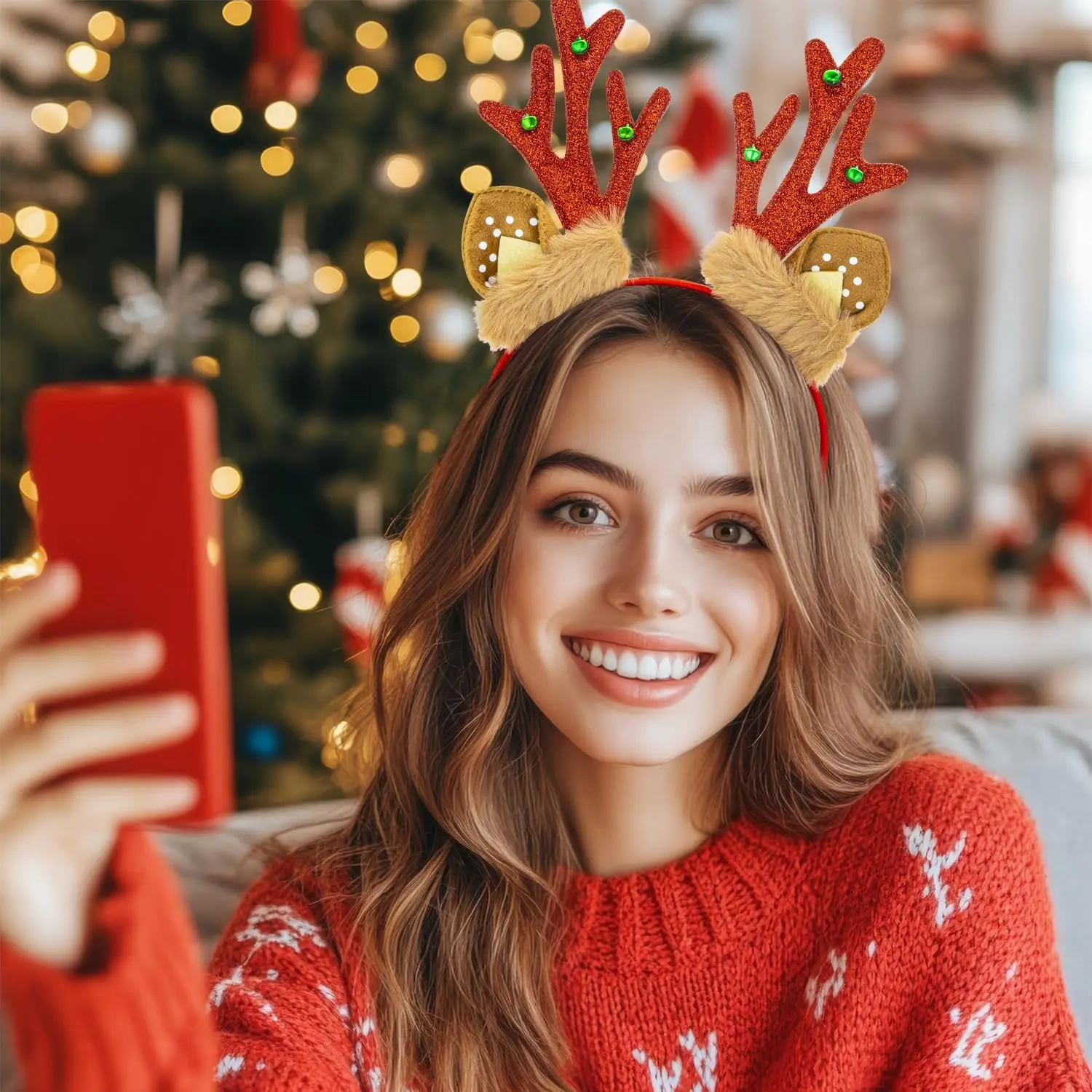 1개 크리스마스 순록 뿔 머리띠 반짝이는 인조 털 귀, 여성 및 소녀들을 위한 축제 파티 헤어 액세서리