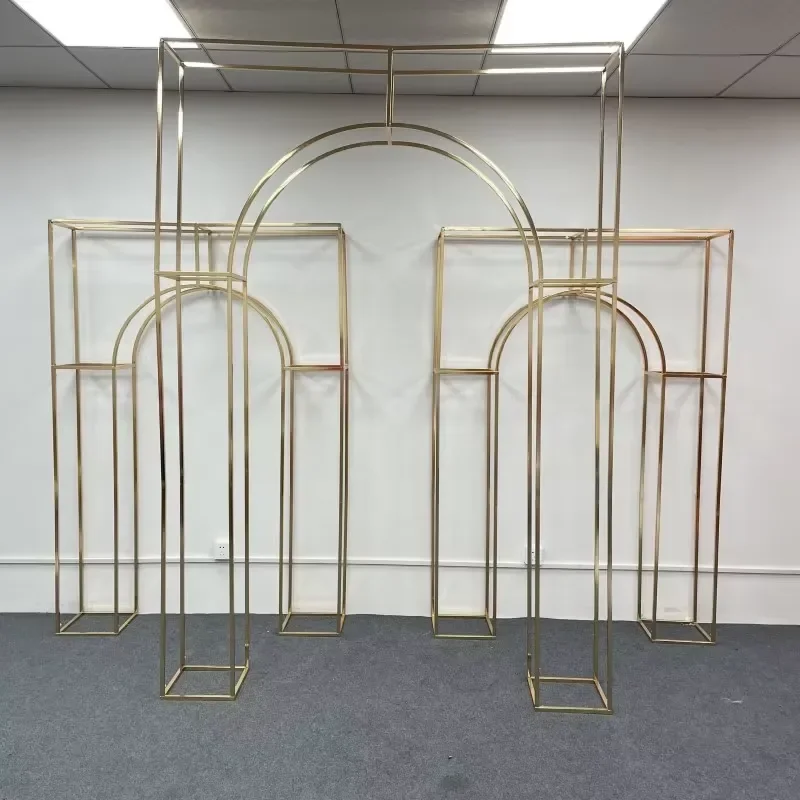 New Wedding Gold-Plated Screen Backdrop Frame Wrought Iron Golden Arch Indoor Wedding Scene Decoration Props Metal Flower