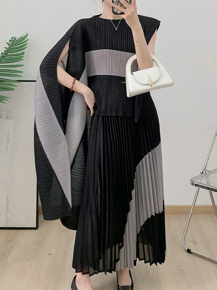 Dear Elegant Pleated 2 Piece Set Cape Sleeve Asymmetrical Top Elastic Waist Contrast Color Skirt Women 2024 New Clothing 15C683