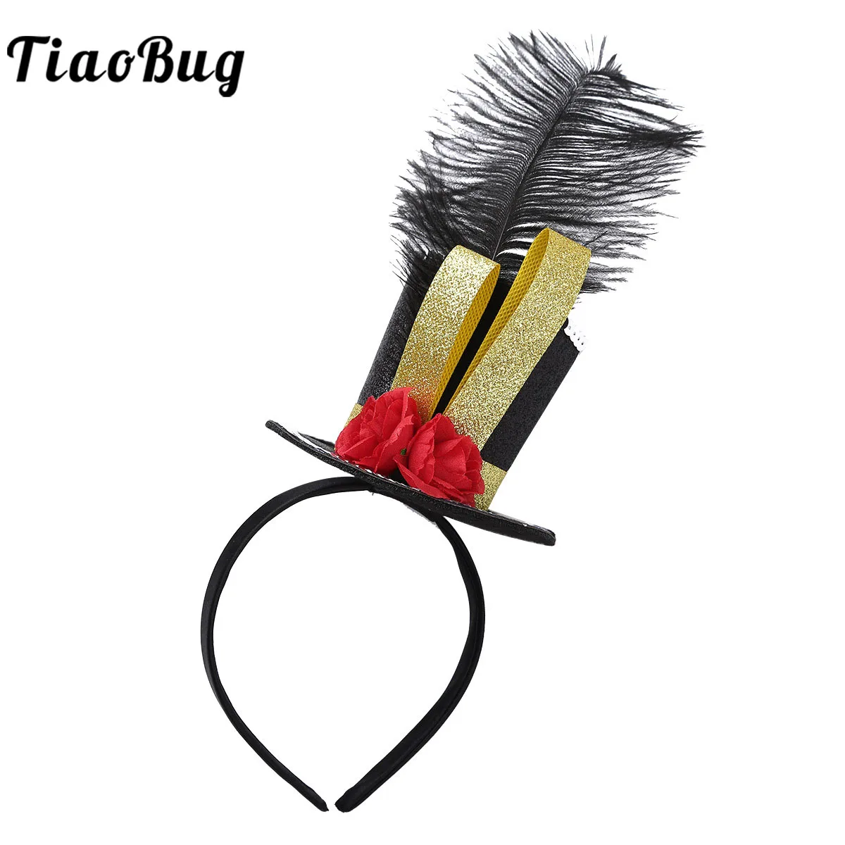 Minisombrero de copa Steampunk con aro para el pelo para niños y niñas, conjunto de plumas y rosas, tocado de fantasía de circo, accesorios de disfraces