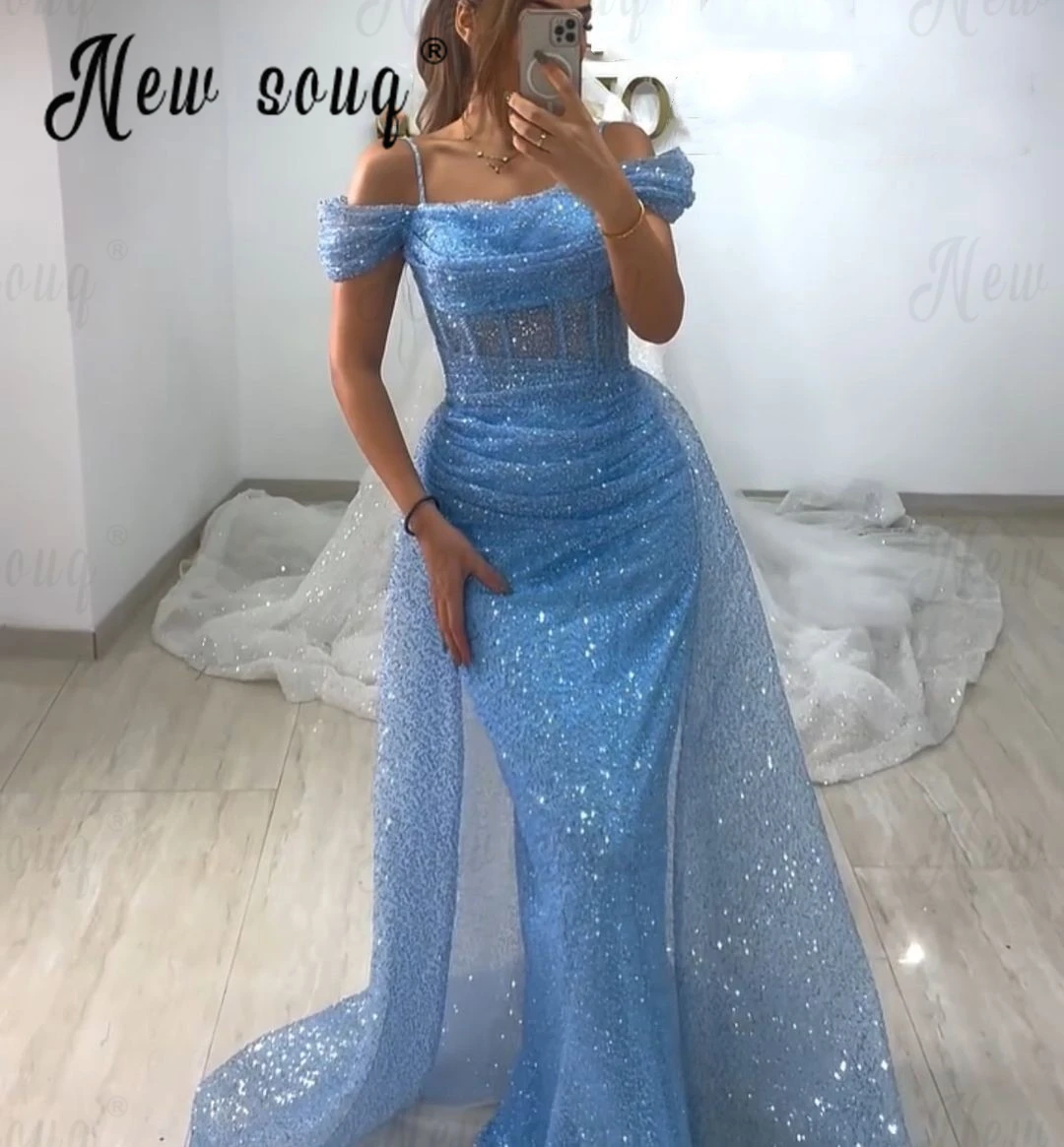 Luxury Baby Blue Off Shoulder Mermaid Evening Dress With Overskirt Two Pieces Spaghetti Straps Birthday Party Gowns Prom Dresses