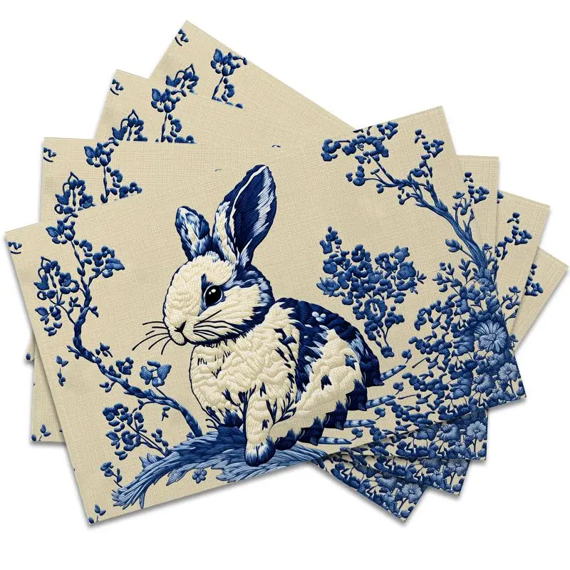 4Pcs, Blue Rabbit Placemats, Washable, Suitable for Holiday Parties, Home Decor, Kitchen Tables, Rectangular Dining Rooms, Makin