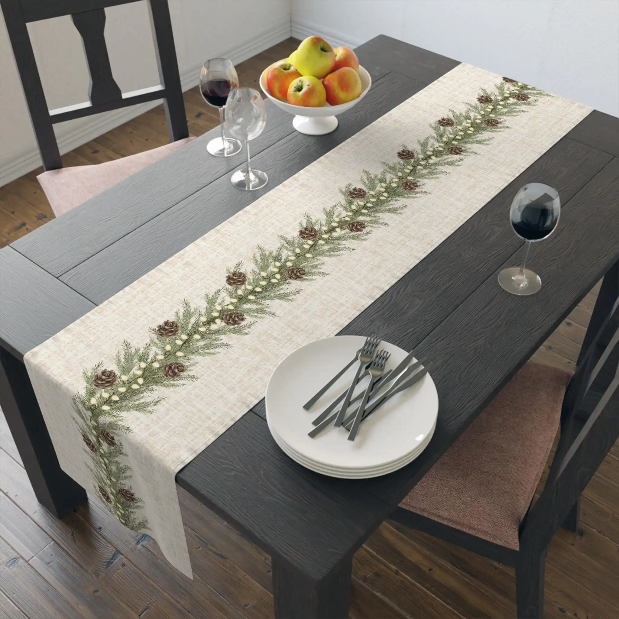 Beige & White Textured Rustic Christmas Table Runner - Pine Garland Design, Ideal Farmhouse Holiday Home Decor to Elevate Xmas