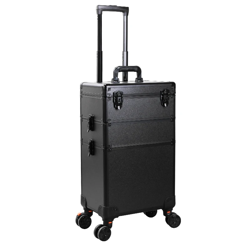 Professional Metal Makeup Case USB Powered LED Lights,3 Trays, Durable Cosmetic Train Table with Rolling Wheels and Mirror