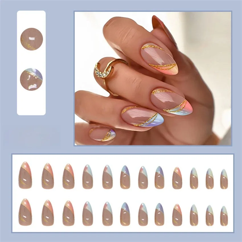 

24Pcs/Set Fashion Ins Style Art Press on Nails Round Head Almond Fake Nails Colourful Gradient French Wearing False Nails Tips