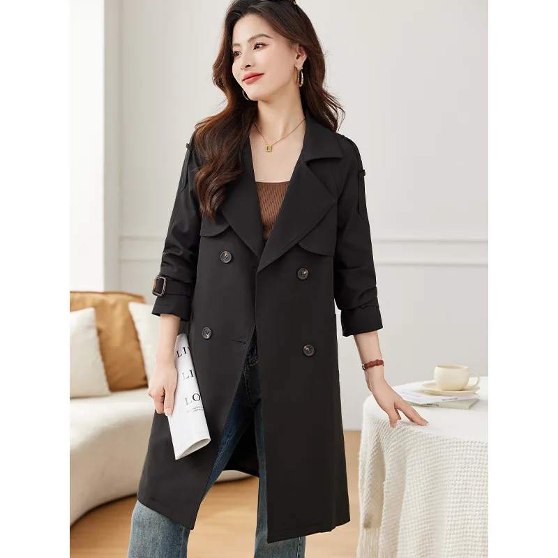 Manteaux longs à Double boutonnage pour femmes, kaki coréen, ceinture à revers, Trench ample, Streetwear, coupe-vent, pardessus de bureau pour dames, automne