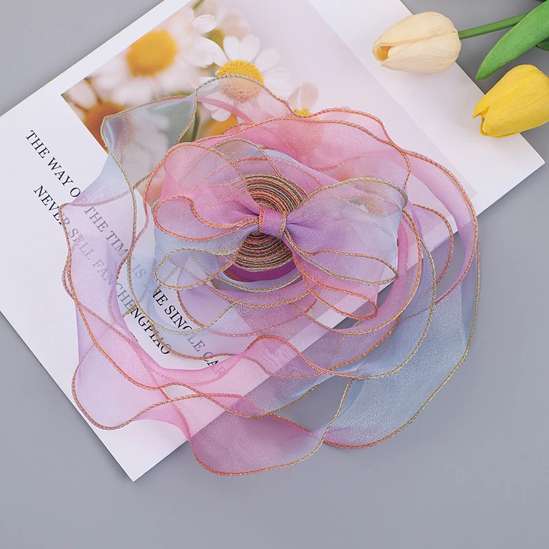 9M 4cm Width Fishtail Gradient Rainbow Oganza Ribbon for Gift Wrapping DIY Headwear Hat Decor Craft Accessories Sewing Supplies