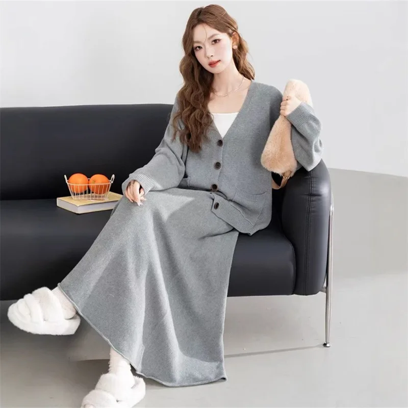 

Женский вязаный комплект с высокой талией, свитер с v-образным вырезом, открытый кардиган, осень-зима, новый свободный комплект Faion