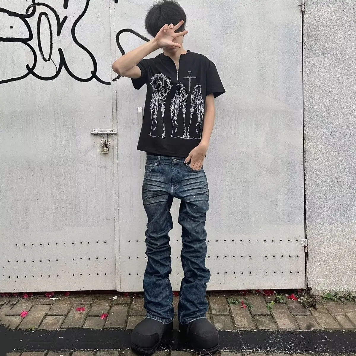 American Style Bootcut Faded Jeans Slim Fit Men's Casual Straight Leg Jeans Wear Resistant mid Waist Zipper Fly Jeans
