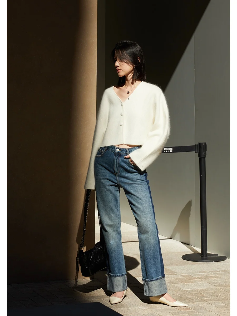 

JXu Fluffy Wool Rabbit Hair Blend ort Svel V-ne Open Cardigan White Long Sve Knitted Sweater for Women