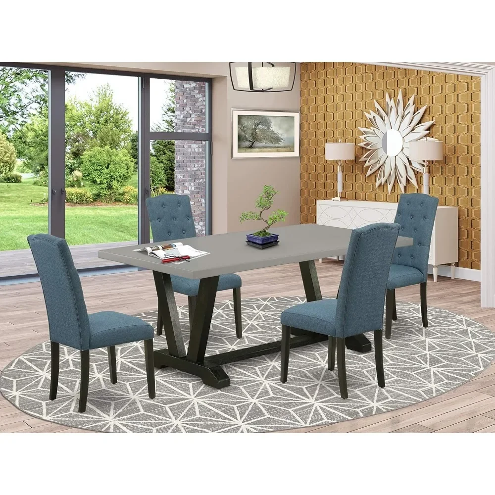 

5 Piece Dinette Set Includes a Rectangle Dining Room Table with V-Legs and 4 Mineral Linen Fabric Dining Chairs, 40x72 Inch|