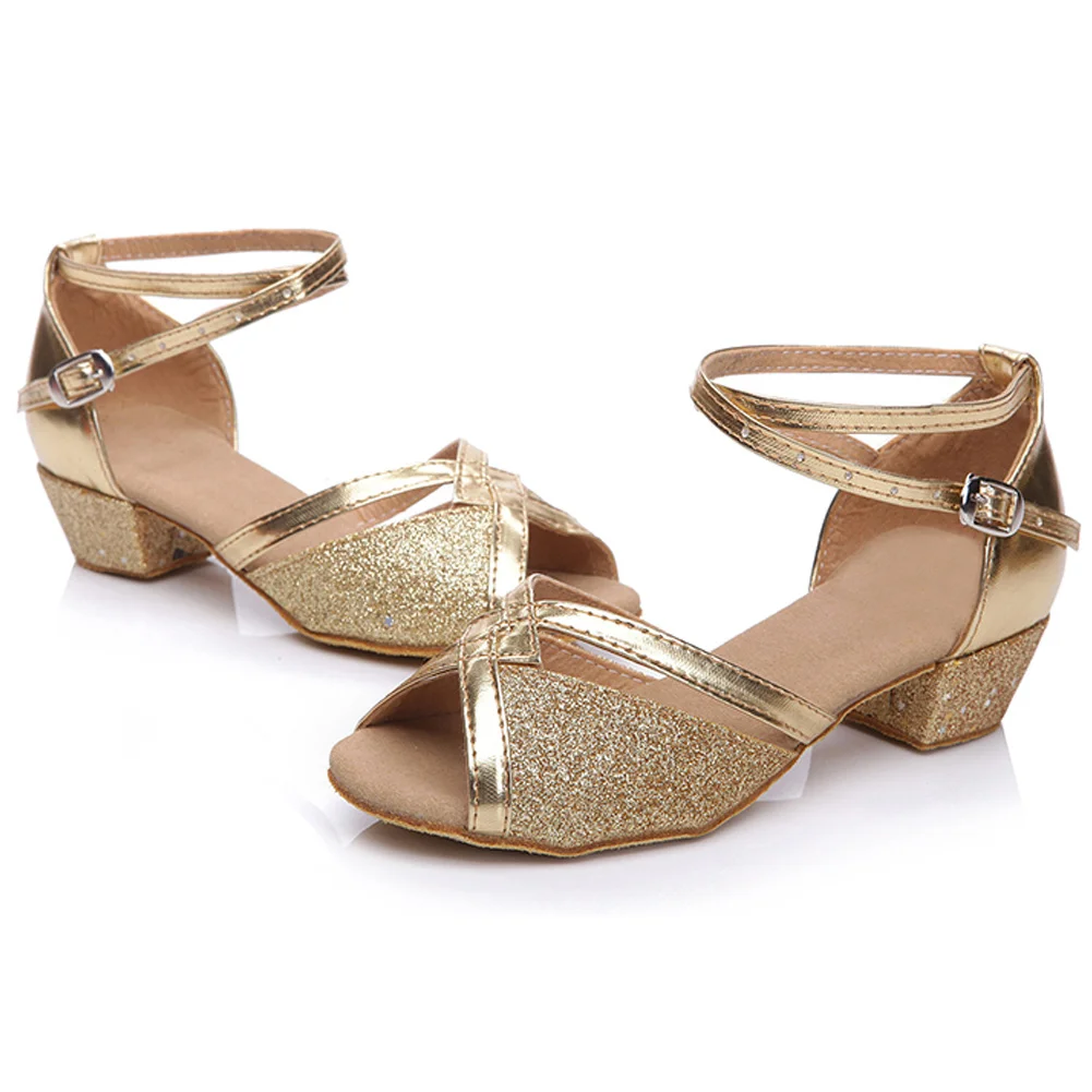 Sapatos de dança latina lantejoulas para meninas, sandálias princesa Peep-Toe, bombas com salto, pérola, bling de cristal, escola, equipe, crianças