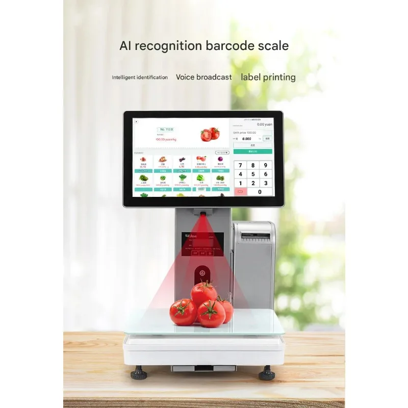 Supermarket POS Smart Touchscreen Weighing Scale with AI Recognition Barcode/Thermal Printer PC/Android Software