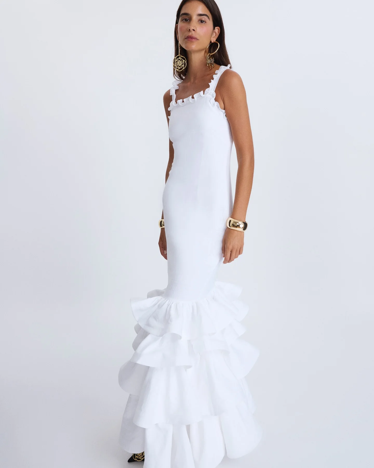 

Customized Temperament Jersey Mermaid Spaghetti Straps Ruffles Tiered Evening Dress Delicate Strapless Floor Length Prom Gowns