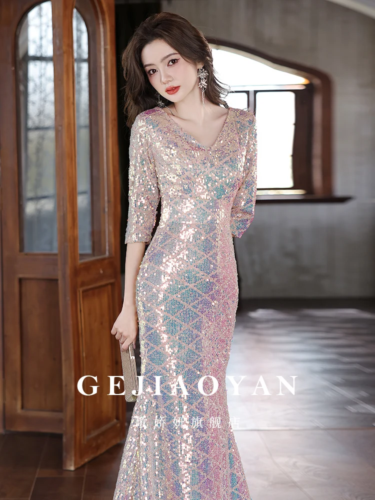 

Sequin Evening Dress Luxury Sparkly Dress New Design Elegance Dress Host Annual Banquet Clothes Dinner Celebration Pink Tuxedo