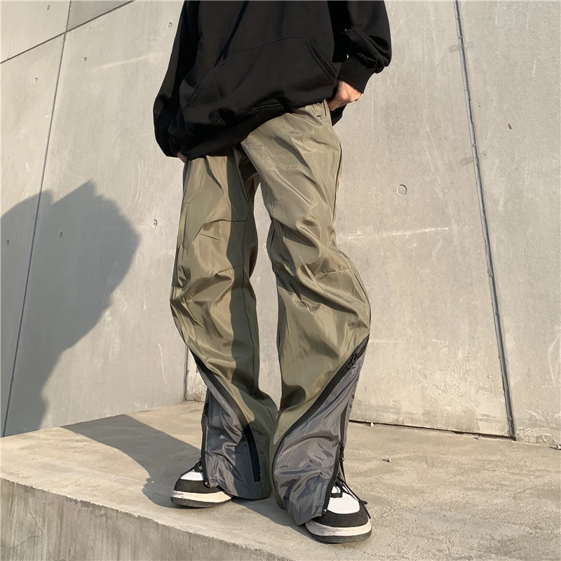 Mens High Street Loose Pants Casual Zipper Open Patchwork Straight Trousers Pants Hip Hop New Fashion Streetwear Jogging Pants