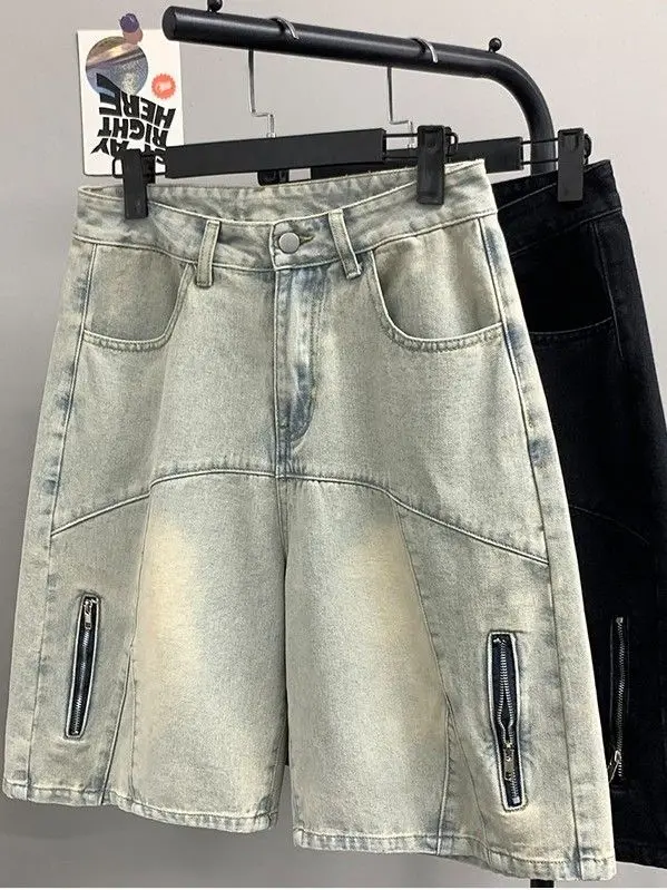 Short en jean décontracté pour homme, streetwear, fermeture éclair, droit, polyvalent, pantalon à cinq points, hip hop, sport, basket-ball, été