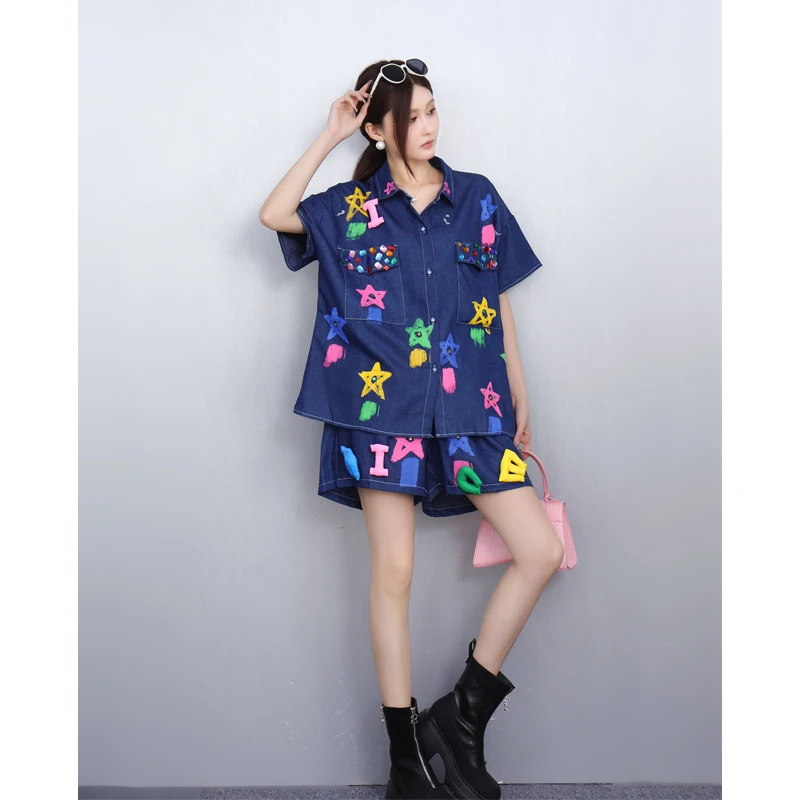 

Faionable, осень 2023, новый женский джинсовый комплект, свободный комплект больших размеров с принтом и стразами, комплект из двух предметов с воротником-сли