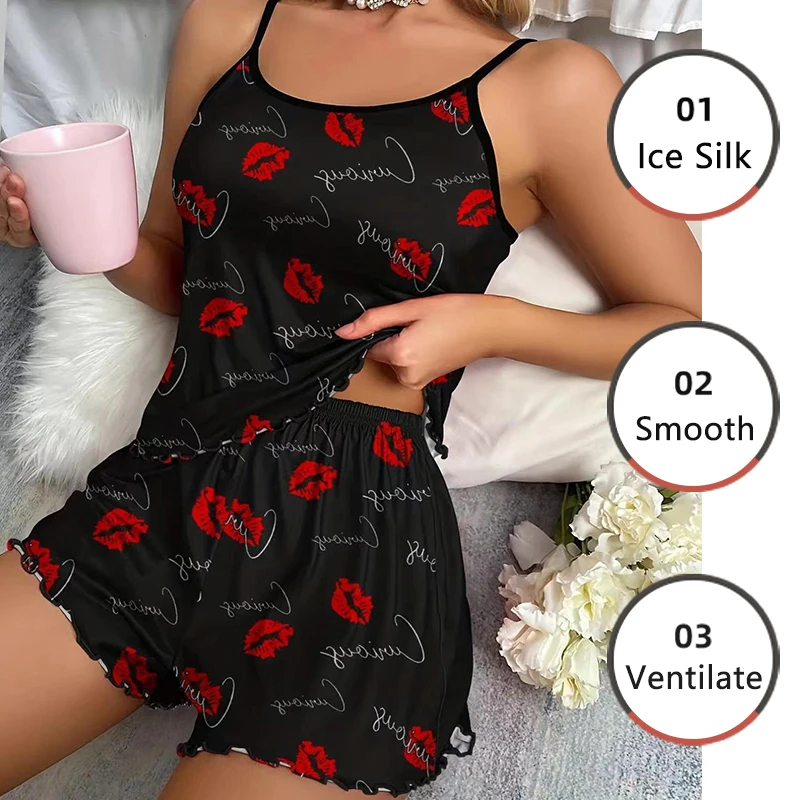 Women\'s Pajamas Set Sleepwear 2 PCS Camisole And Shorts S M L Black Ventilate Soft Casual Heart Mouth Print