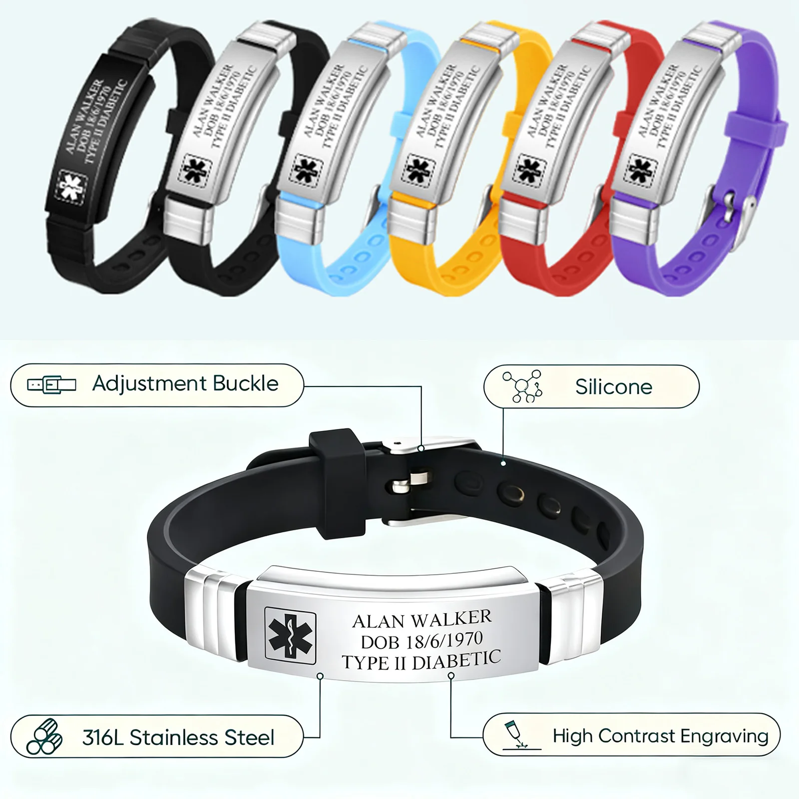 Custom Soft Silicone Bracelets Personalized Customized Bulk Stainless Steel Bangle Identity With Medical Marks Hospitalizatio view 2