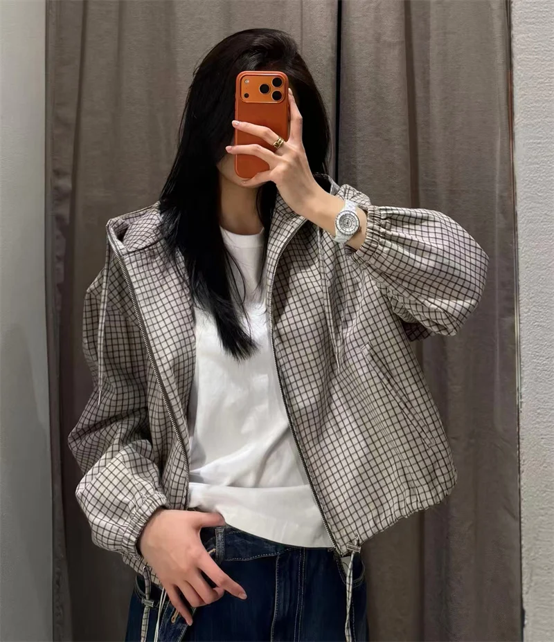 Guobioziy Women's Jacket 2026 Fall New Plaid Long-Sleeve Hooded Loose Fit Jacket Parka Casual Fashion European and American