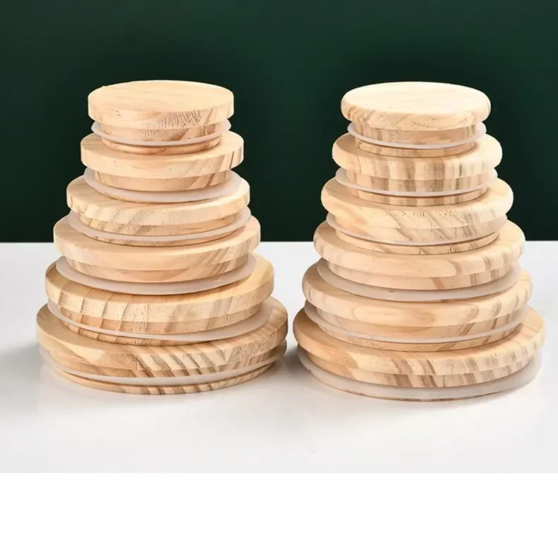 Reusable Bamboo Wood Lids Various Sizes Mason Jar Caps Non Leakage Silicone Sealing Wooden Covers Canning Storage Supplies