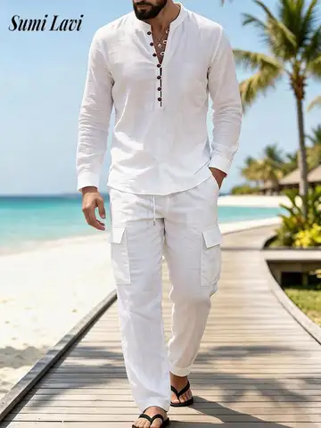 Conjuntos de Lino para Hombre Estilo Playero Otoñal, Trajes de Dos Piezas con Cuello Alto y Manga Larga de Color Sólido, Conjuntos Holgados Vintage