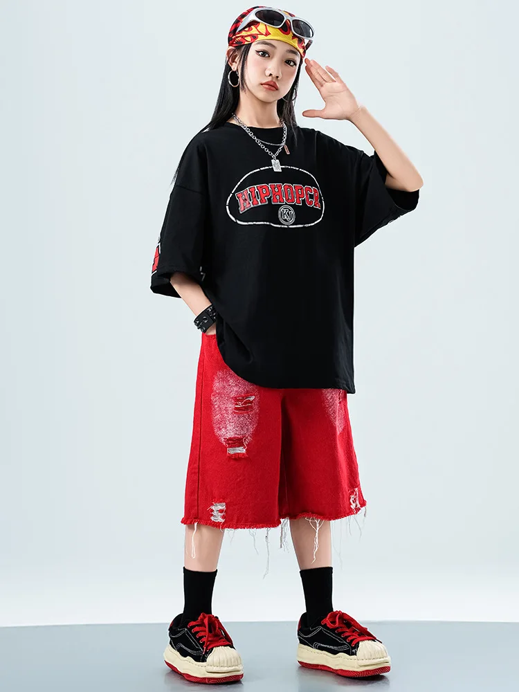 Kid Kpop Hip Hop Clothing Black Letters T Shirt Red Casual Ripped Distressed Shorts for Girl Boy Jazz Dance Wear Costume Clothes