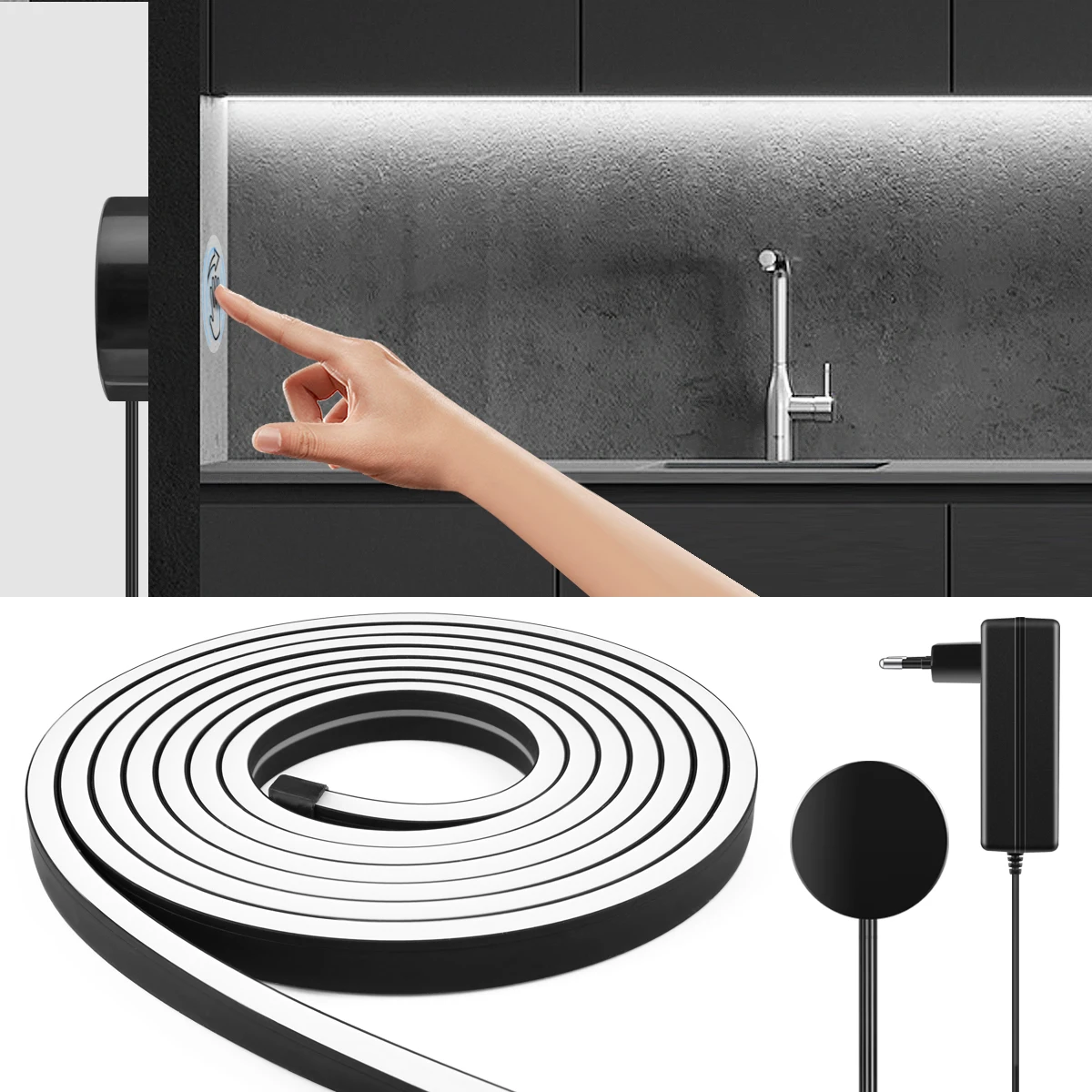 24V LED Neon Light Strip With Hand Scan Sensor&Touch Dimmable Switch,Super Soft Black Sillcone Tube,For Room Cabinet Wall Decor