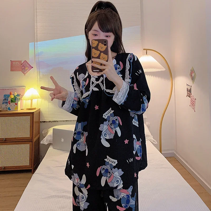 Disney Stitch autumn new bubble cotton pajamas female sweet princess style long sleeve fat plus loungewear set