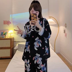 Disney Stitch autumn new bubble cotton pajamas female sweet princess style long sleeve fat plus loungewear set