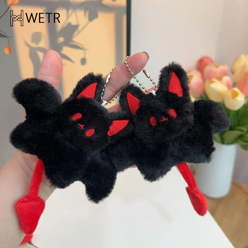 Black Fluffy Plush Bat Keychain Soft Mini Stuffed Pendant for Halloween Gift Backpack Decor