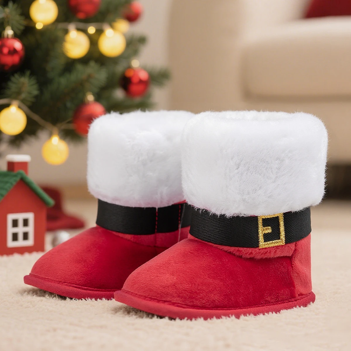 

Новые рождественские пушистые пинетки для маленьких мальчиков и девочек, зимние теплые домашние первые ходунки для малышей, хлопковая мягкая противоскользящая подошва, От 0 до 18 месяцев
