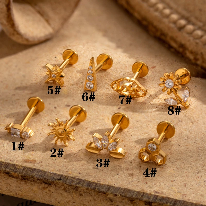 

1PC G23 Titanium Ear Stud Piercing Labret Zircon Flower Internal Thread Lip Stud Rook Cartilage Earring Flat Back Body Jewelry