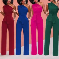 Women's Jumpsuit Solid Skew Collar Crop Top Straight Pants Belt Sexy Sleeveless Loose Pants Elegant Charming Playsuits 2024 - Image 2