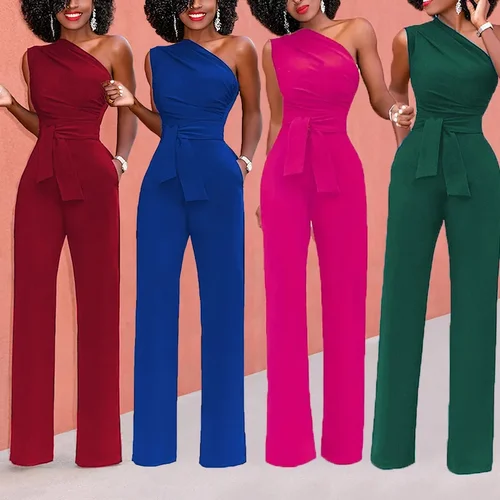 Imagen 2 del producto Mono liso con cuello oblicuo para mujer, Top corto, pantalones rectos, cinturón, pantalones sueltos sexis sin mangas, monos elegantes y encantadores 2024