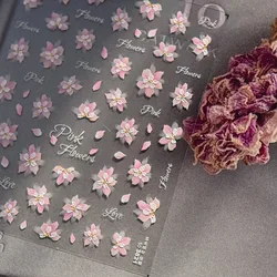 Kawaii Pink Sakura 5D Flat High Quality Self-Adhesive Nail Art Decoration Sticker Sakura Peach Blossom Nail Art Decal Accessorie